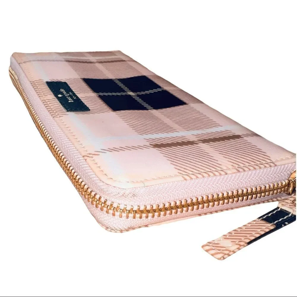Kate Spade Women's Patent Leather Clutch Wallet Organizer Large Zip Pink Plaid